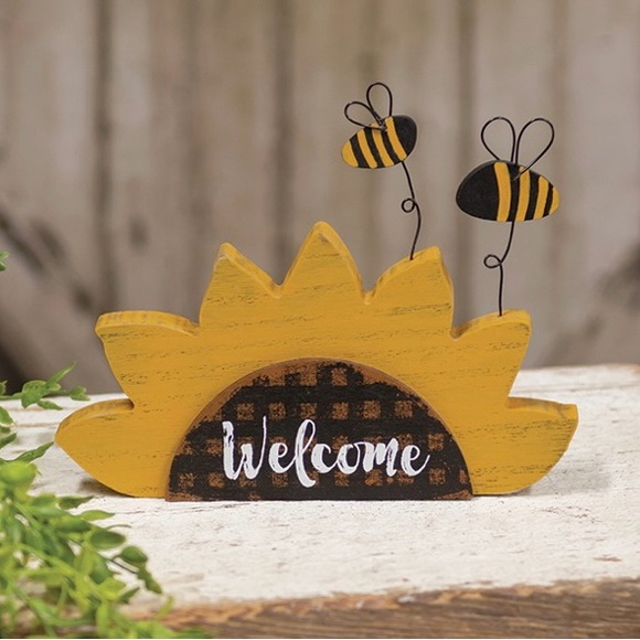 *Distressed Wooden “Welcome” Sunflower Shelf Sitter with Bees - Picture 2 of 13